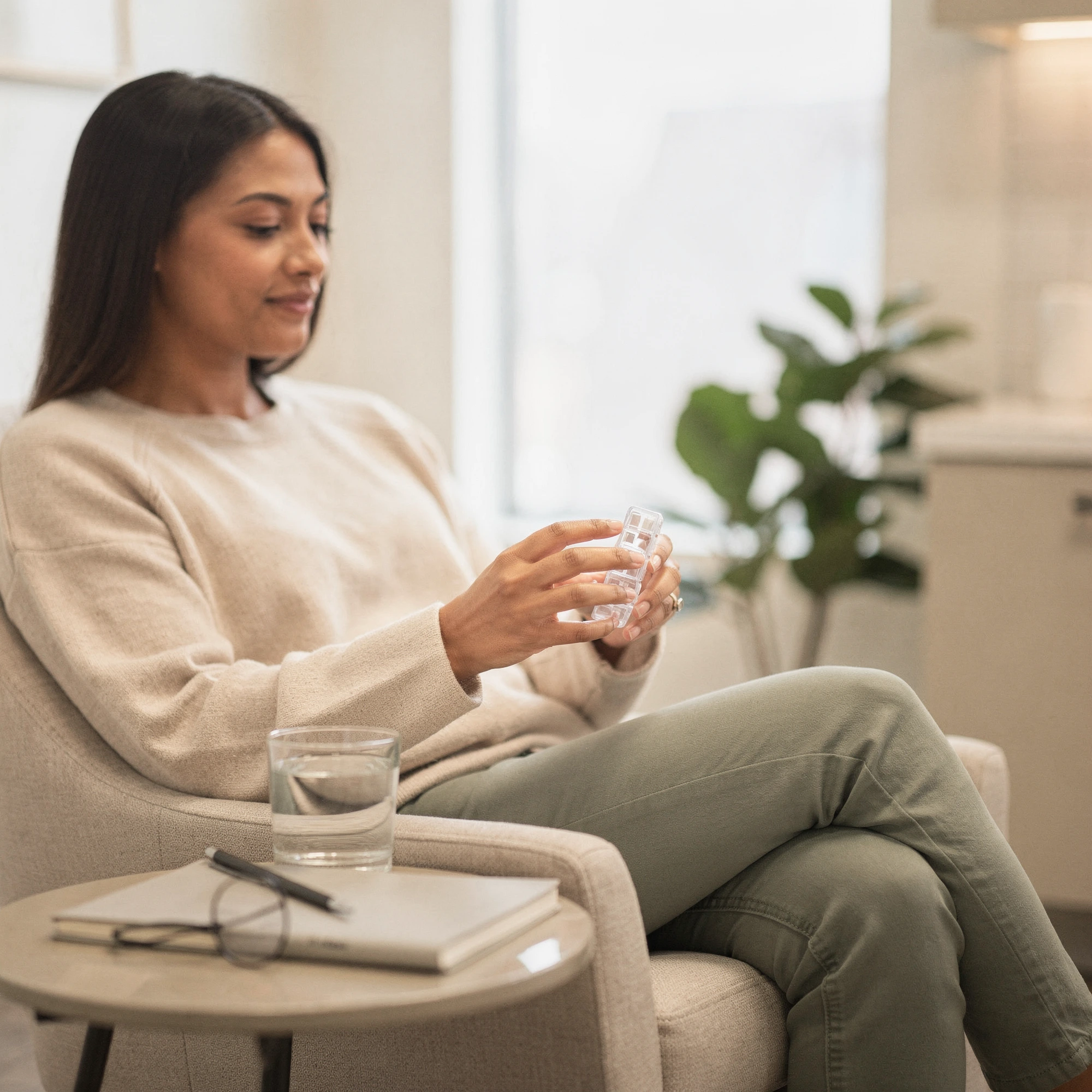 Woman holding medication in a clinic waiting area with a water glass nearby